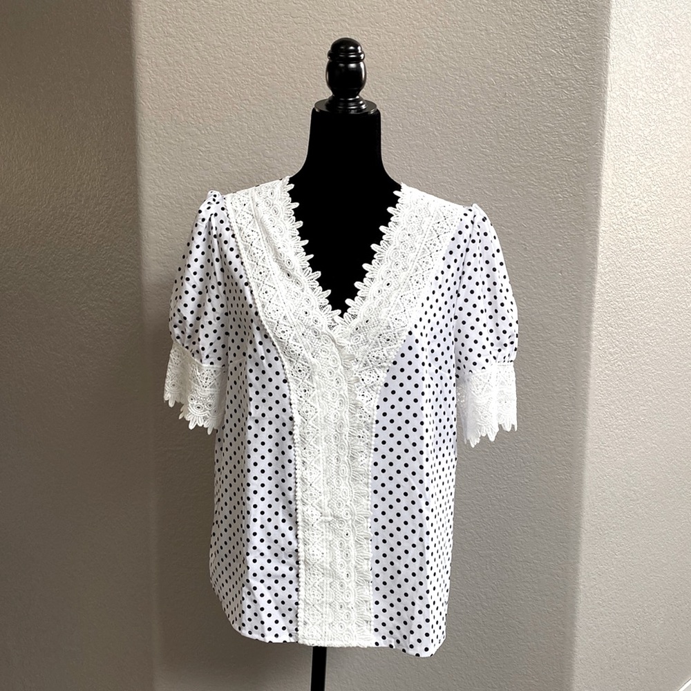 Shein Polka Dot and lace trim top XL